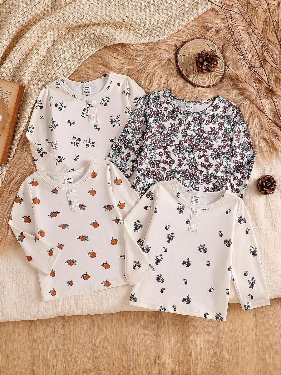 SHEIN Áo dài tay in hoa 4 món cho bé gái - Nhiều màu - Xem 1