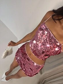 Glamine Glamine 女士亮片刺绣褶皱紧身迷你裙，生日礼物，外出穿着，可爱Y2K风格，夏末必备裙装 - 粉色 - 查看 1