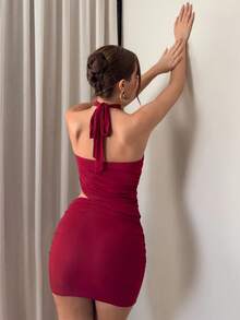 Aloruh Vestido Curto Mulheres Cor Sólida Franzido Decote Halter Costas Abertas