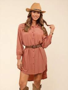 Coeurva Solid Button Front High Low Hem Longline Shirt