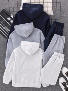 SHEIN 6 件儿童/青少年男童休闲日常百搭印花连帽运动衫和宽松慢跑裤 2 件套保暖内衬服装套装 - 彩色 - 查看 2