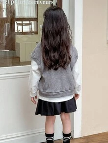 SHEIN 3pcs/Set Tween Girls Korean Style Bow Emboidery Vest And Loose Fit Shirt And Pleated Skirt,  Long Sleeve Collared Shirt Set Fall Winter - Grey - View 6