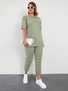 EURMUSE 大码夏季休闲纯色短袖T恤和裤子两件套 - 薄荷綠 - 查看 1