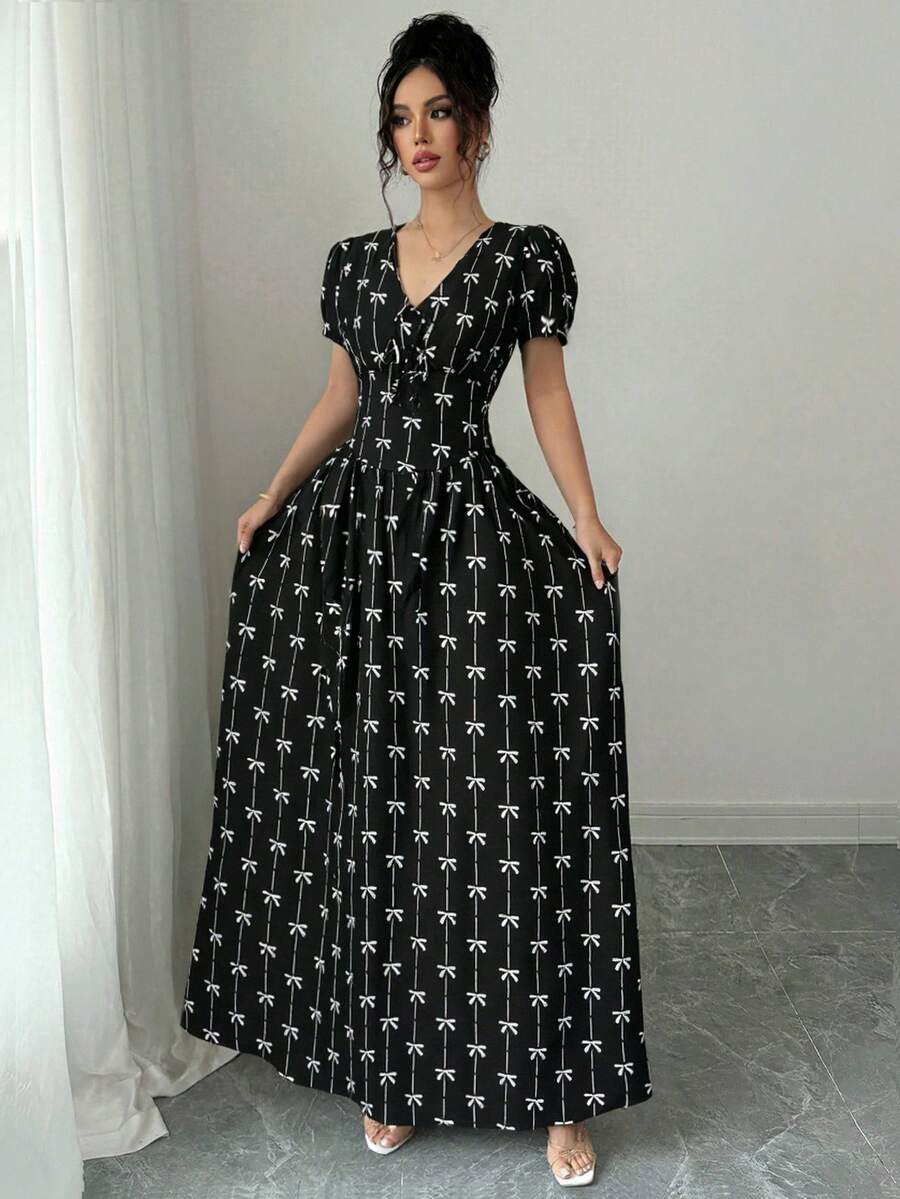 Elenzga Đầm dài tay bồng eo co giãn thanh lịch dành cho nữ mùa hè, đầm maxi. Dành cho mùa xuân/hè, trang phục dự tiệc cho nữ, trang phục thanh lịch, phù hợp để đi làm hàng ngày, lễ hội âm nhạc, trang phục ngày lễ - màu đen - Xem 1