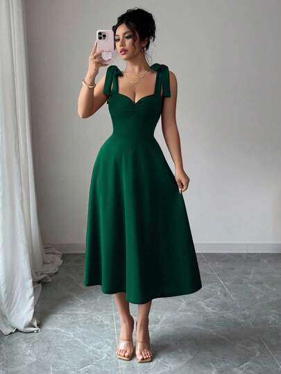Elenzga Váy nữ dáng chữ A thanh lịch, lãng mạn, không tay, buộc nơ, eo thắt nút