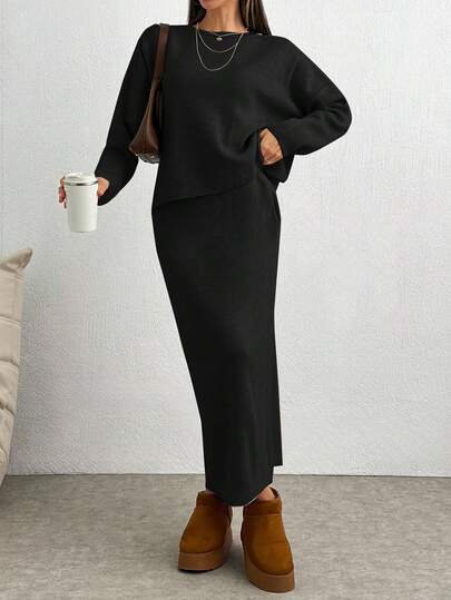 SHEIN Tall Damen Langarm Pullover & Langer Rock 2 Stücke Set, für große Frauen