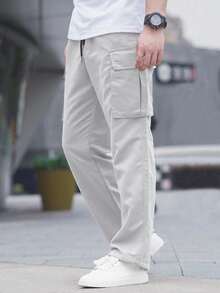 Manfinity Homme 男士纯色工装口袋直筒休闲裤，秋季 - 銀色 - 查看 5