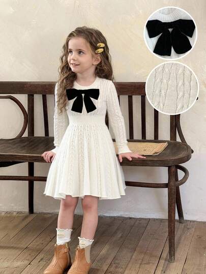 LMoss Kids LMoss  Young Girl Solid Color Round Neck Fitted Butterfly Decor Knitted Dress,Fall Sweaters,Toddler Girl Fall Clothes Stitich First Day Of School Winter