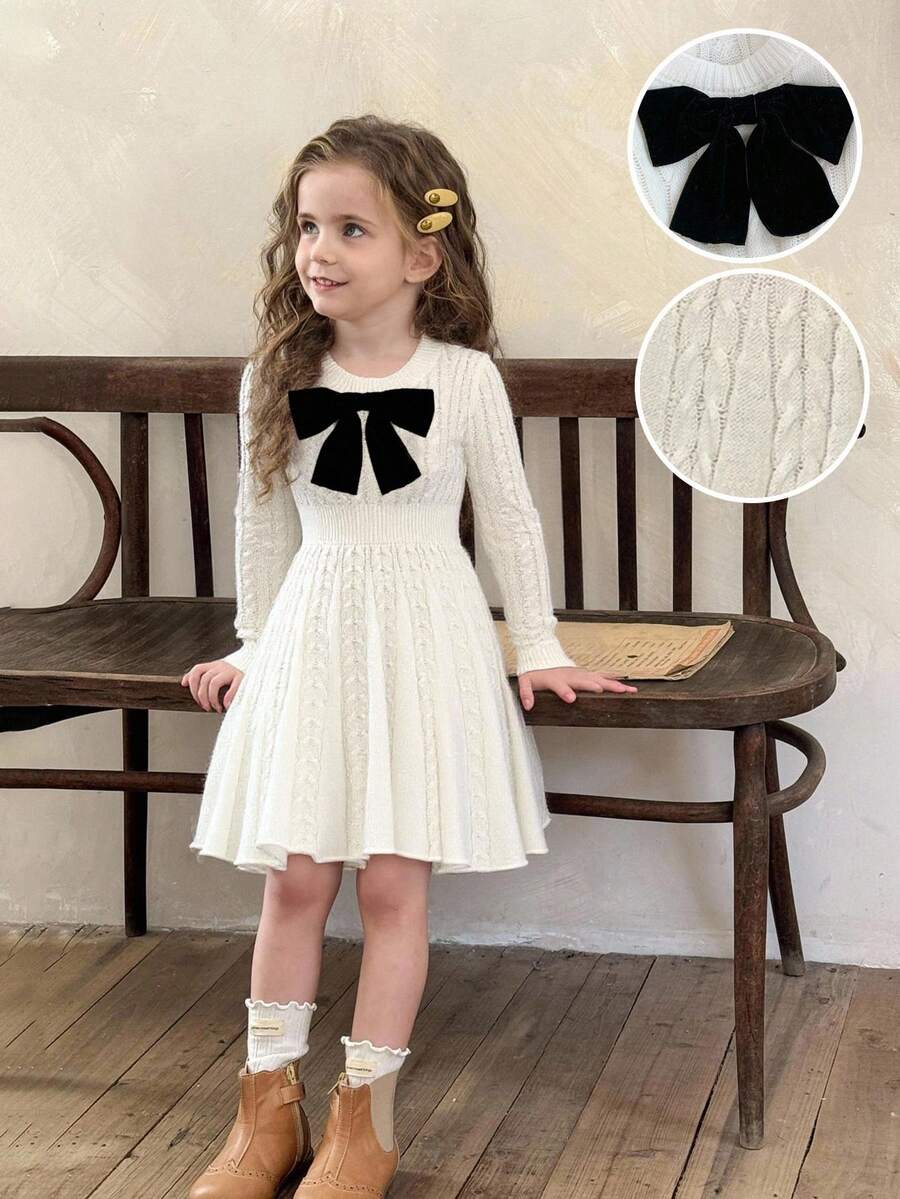 LMoss Kids 年轻女孩纯色圆领修身蝴蝶装饰针织连衣裙