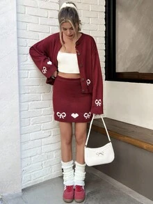 EURMUSE Women Hearth Pattern Front Button Cardigan & Sweater Skirt Set Knit Two Piece Set Sweater Sets For Women Modest Two Piece Set Two Piece Set Women Dress Dress With Cardigan Set - Burgundy - View 7