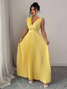 Elenzga 加大码性感奶油黄色花卉 3D 褶皱 A 字形 V 领连衣裙，优雅精致