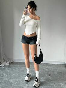 SHEIN Unity Sexy Asymmetrical Shoulder Women's Sweater,Long Sleeve Tops, Knit Pullover Fall Winter - White - View 4