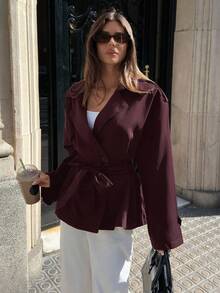 Aloruh 酒红色女士休闲宽松中长款风衣，秋冬季款，红色风衣，宽肩长袖风衣，复古风格，基础纯色风衣，优雅休闲，适合新年、圣诞节、秋季等各种场合。 - 中紫紅色 - 查看 4