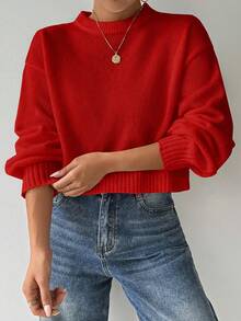 Celisse Tropiluxe Women's Solid Color Simple Casual Crew Neck Long Sleeve White Sweater - Red - View 7