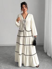 Elenzga 大码女式编织纹理长袖开衫，系带，拼色荷叶边下摆长款 A 字裙两件套，法式优雅浪漫