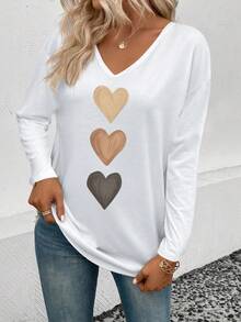 EMERY ROSE Women's V-Neck Cuffed Sleeve, Popular Ombre Heart Print Casual Versatile Long Sleeve T-Shirt