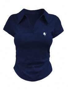 女士休闲半拉链短袖百搭Polo衫，夏季 - 酒紅色 - 查看 3