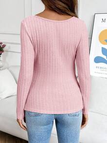 SHEIN Maternity Solid Color Minimalist Daily Long Sleeve Knit T-Shirt Ribbed Top Tops Shirts For Women Pink Fall - Baby Pink - View 2