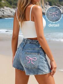 Denim Shorts für Teenager Mädchen, lässig, niedlich, mit Schleifenstickerei - Mittele Waschung - Übersicht 1