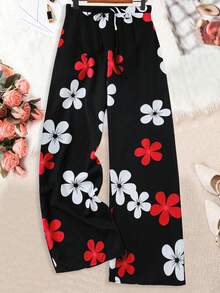 Linhara Plus Size Women Floral Print Tie Waist Wide Leg Loose Casual Pants - Rose Red - View 5