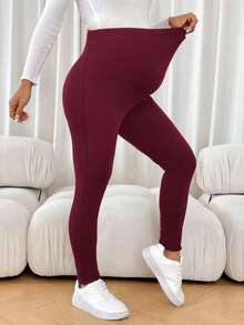 SHEIN 孕妇纯色可调节腰部保暖内衬打底裤 - 酒紅色 - 查看 5