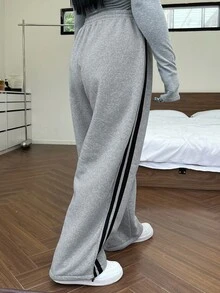 Dazy Petite Plus Contrast Color Patchwork Loose Sweatpants, Gray, All Season Fall - Grey - View 2
