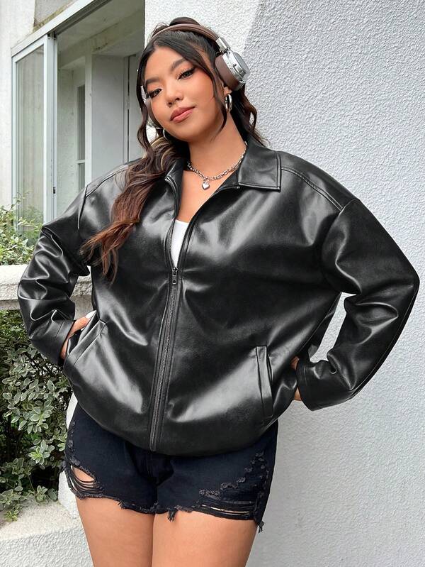 SHEIN EZwear Plus Size Distressed PU Leather Loose Fit Jacket, For Winter Fall Autumn