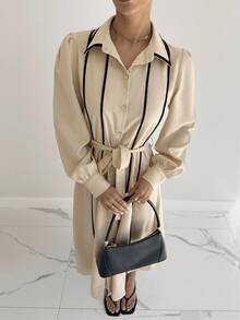 Siren Gaze 优雅休闲女装秋季秋装女装冬装，2025新款奢华老钱风格亚麻连衣裙，条纹长袖单排扣系带衬衫裙，杏色配黑色饰边，适合工作、派对、婚礼嘉宾、海滩、圣诞节、感恩节、万圣节、新年 - 杏色 - 查看 2