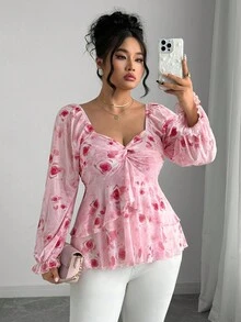 Elenzga Plus Size Women Elegant Pink Elastic Mesh Square Collar Long Puff Sleeve Ruffle Hem Blouse - Pink - View 3