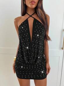 Aloruh 波点休闲露背系带镂空女式迷你连衣裙 - 黑色 - 查看 7