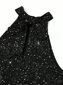 Ellevyn 大码女式闪亮露背背心和阔腿裤优雅套装 - 黑色 - 查看 7