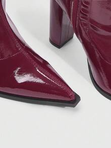 CUCCOO SZL 性感时尚勃艮第尖头粗高跟弹力舒适柔软修身过膝长靴，百搭侧拉链女靴，圣诞红过膝长靴 - 酒紅色 - 查看 5