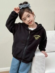 Genkimix Kids 女孩休闲羊毛连帽衫，黑色，带拉链口袋，插肩袖，徽标印花，宽松百搭夹克 - 黑色 - 查看 3