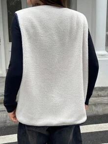 Livesso Chaleco/chaqueta de mujer con cuello redondo, manga corta, parches de piel sintética para el otoño - Beis - Ver 2