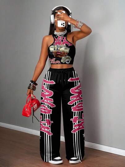 Slaydiva 女士秋装/女士冬装/女装外出上衣/Y2k 服装/街头服饰/2 件套女士休闲街头紧身吊带背心和宽松裤子套装/适合街头风格/适合臀部