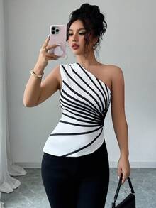 Elenzga 女装夏季新款斜肩条纹印花针织上衣 - 黑與白 - 查看 4