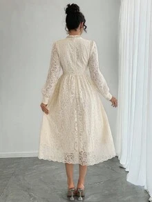 DAZY Sukienka z długim rękawem w stylu francuskim z koronką, nowa, ekskluzywna sukienka midi z marszczeniami w talii na jesień/zimę