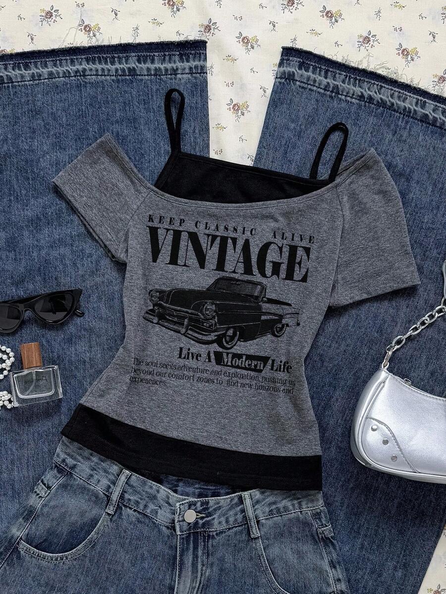 Attitoon Car & Slogan Graphic Cold Shoulder Tee - Multicolor - View 1