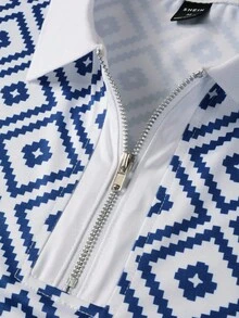 Manfinity Homme Men Vacation Geo Print Quarter Zip Collar Polo Shirt, For Husband - Blue and White - View 5