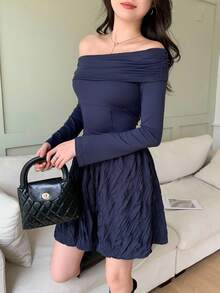 Feyla Women's Elegant Off Shoulder Patchwork Waist Cinched Long Sleeve Mini Dress, Suitable For Commuting - Navy Blue - View 5