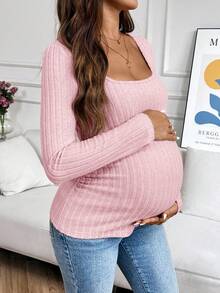 SHEIN Maternity Solid Color Minimalist Daily Long Sleeve Knit T-Shirt Ribbed Top Tops Shirts For Women Pink Fall - Baby Pink - View 3