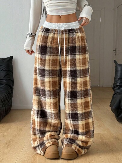 Coolane Women's Fall Winter Concert Rave Preppy Vintage Flannelette Plaid Graphics Comfortable Warm Wide Leg Pants