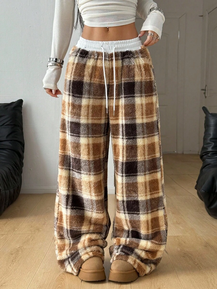 Coolane 女士秋冬音乐会锐舞学院风复古法兰绒格子图案舒适保暖阔腿裤 - 棕色 - 查看 1