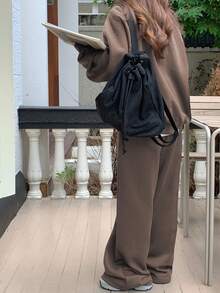 DAZY 女士休闲字母印花圆领插肩袖卫衣和运动裤两件套，秋季女士运动套装家居服套装 - 棕色 - 查看 5