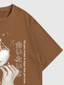 ROMWE MEN Anime 男士休闲卡通人物印花T恤，夏季 - 咖啡棕 - 查看 3