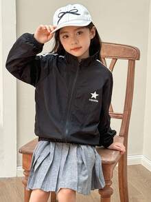 Genkimix Kids 女童韩版黑色风衣外套，白色丝带拼接，星星英文字母印花，运动活力 - 黑色 - 查看 3