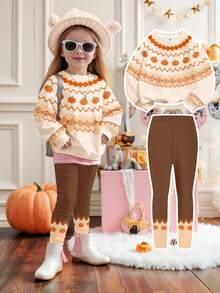 SHEIN Bộ đồ Happikins màu kem và cam họa tiết bí ngô Fair Isle dễ thương "Mùa bí ngô! Không khí mùa thu" gồm áo nỉ dài tay cổ tròn dày dặn mềm mại và quần legging cho bé gái, trang phục mùa thu, thoải mái dễ chịu, nhiều lớp áo mùa thu cho bé gái, trẻ em sành điệu, trang phục thường ngày, quần áo in hình cho bé, quần áo mùa thu, thích hợp cho ở nhà, nông trại, dã ngoại, tiệc Halloween, Lễ Tạ ơn và mùa đông. - Nhiều màu - Xem 3
