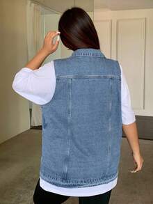 Dazy Plus Washed Blue Faded Collar Loose Sleeveless Denim Vest/Jacket - Blue - View 2