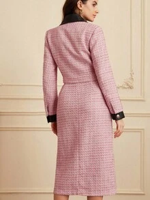 BELROSIE 2pcs/Set Pakaian Kerja Wanita dengan Kerah, Manset, dan Pinggang Motif Tweed Patchwork, Gaya Elegan - MultiWarna - View 2
