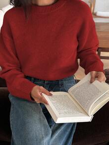 DAZY Women's Solid Color Crew Neck Sweater, New Autumn Collection - Burgundy - View 6